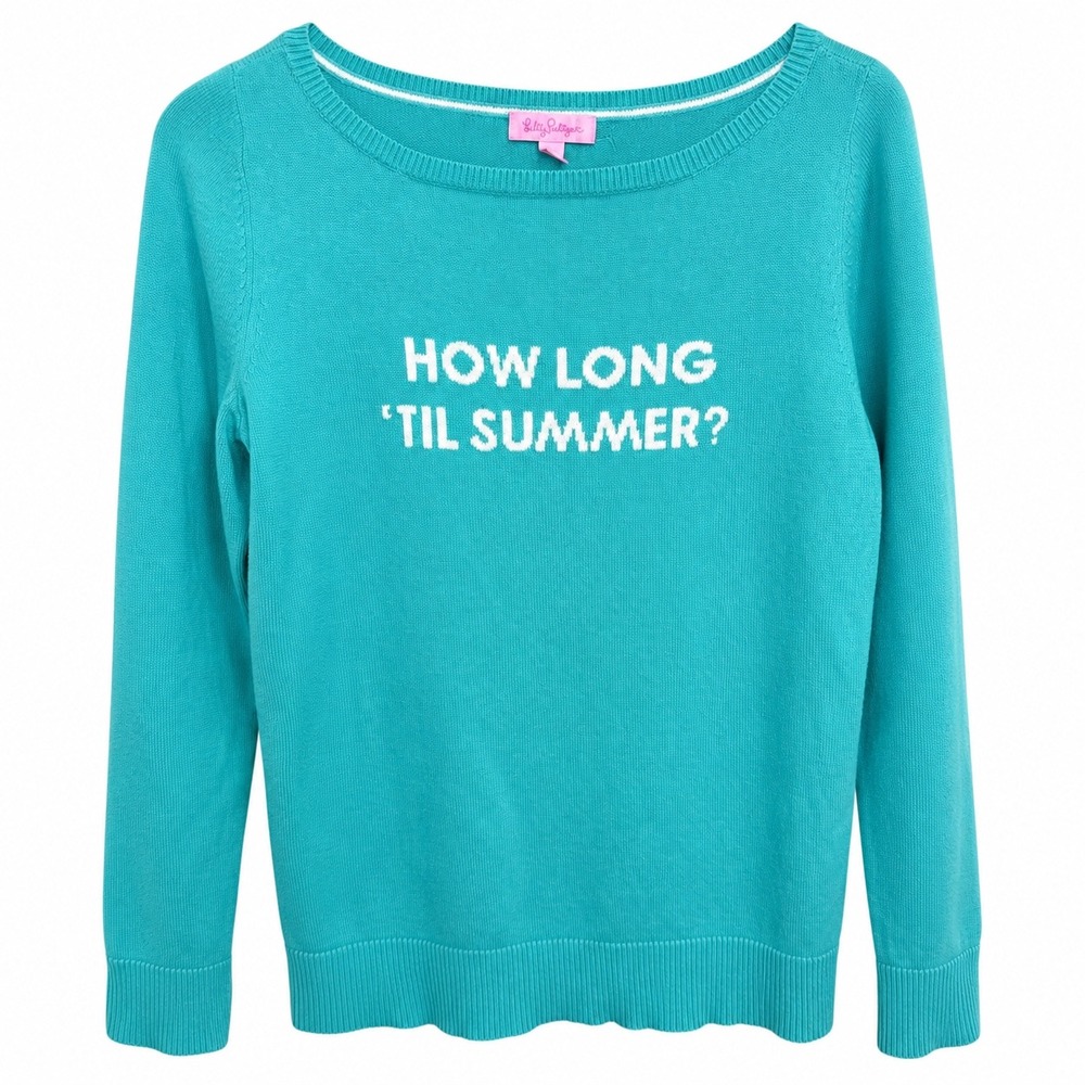 Lilly Pulitzer Sweater Women Large Teal "How Long Til Summer" Knit